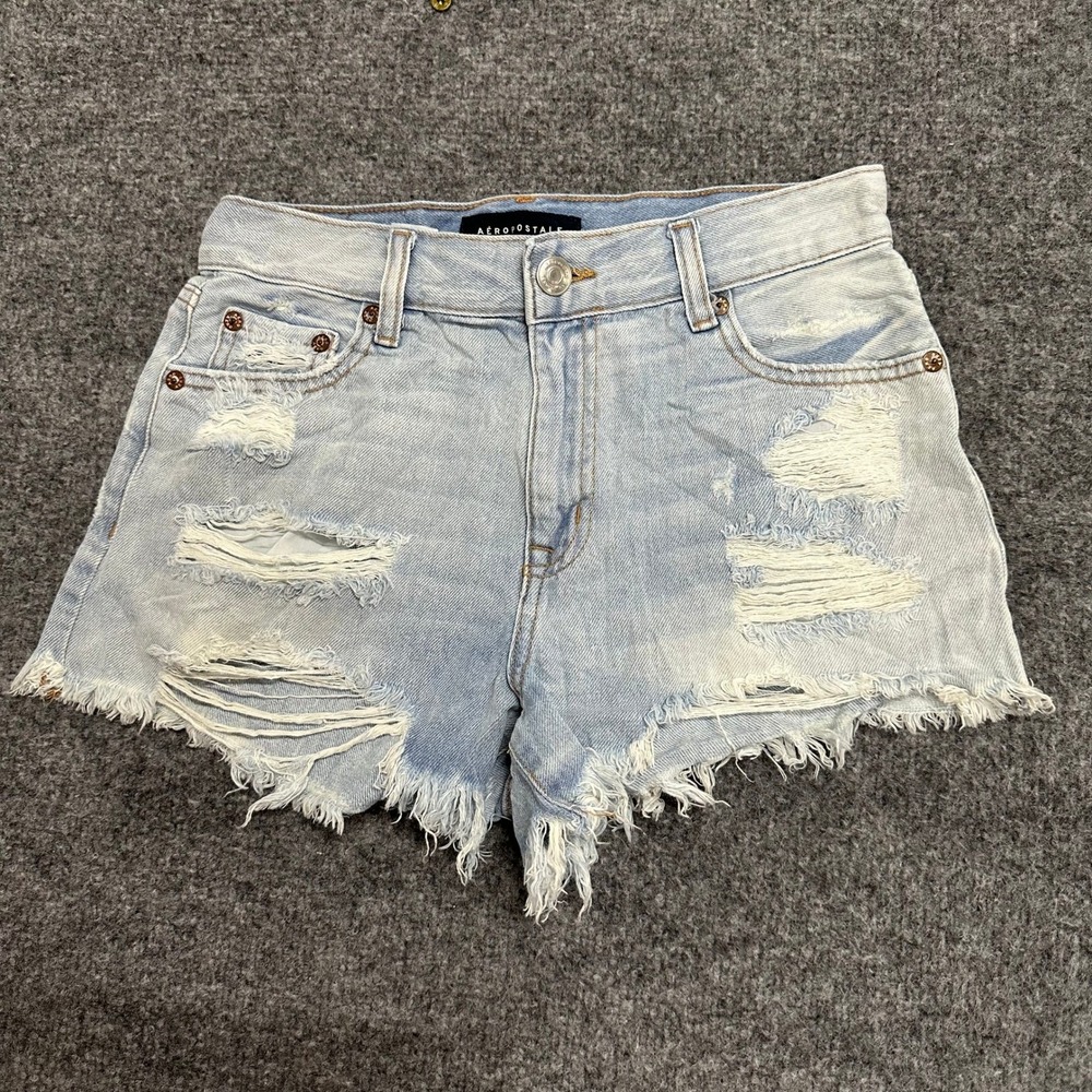 Aeropostale Denim Shorts Womens Size 0 Light Wash Distressed High Rise Shorty